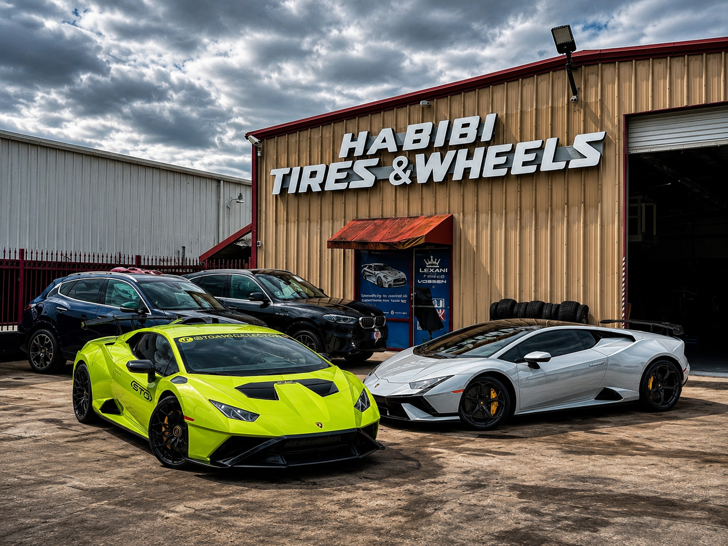 Lamborghini and luxury vehicles outside Habibi Tires & Wheels in Houston