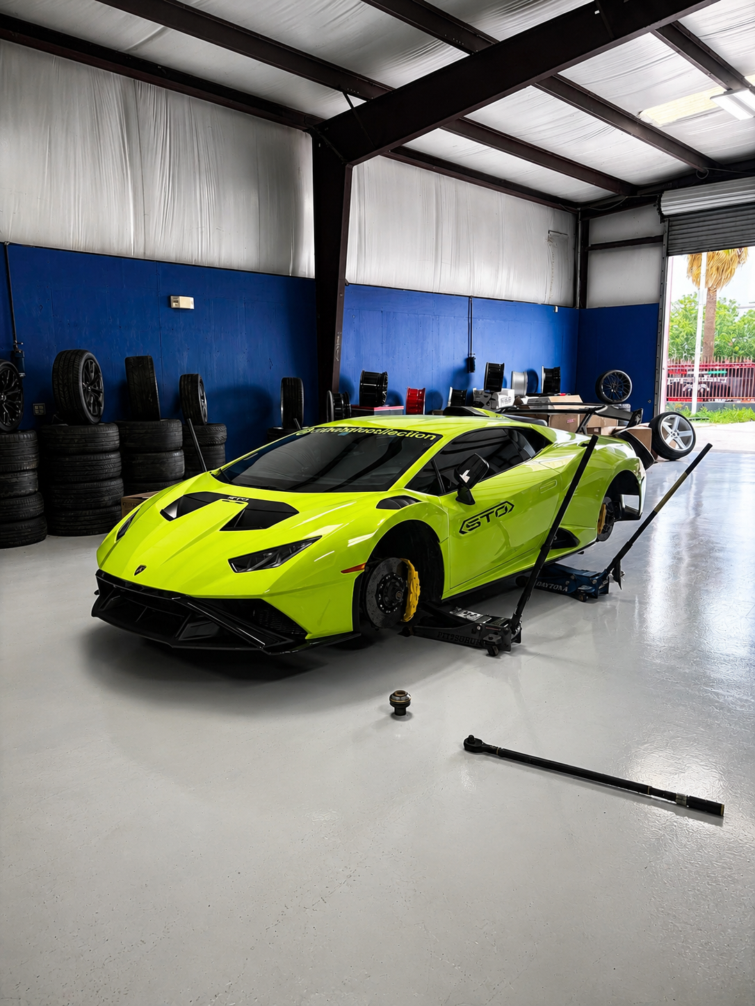 Lamborghini in the shop during wheel installation service
