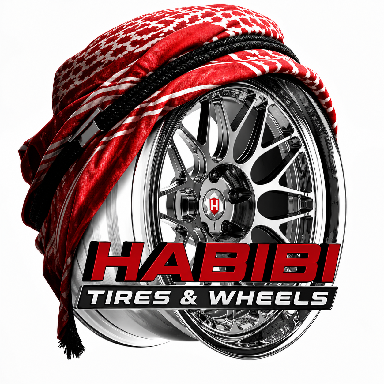 Habibi Tires & Wheels logo featuring a wheel wrapped in a keffiyeh pattern