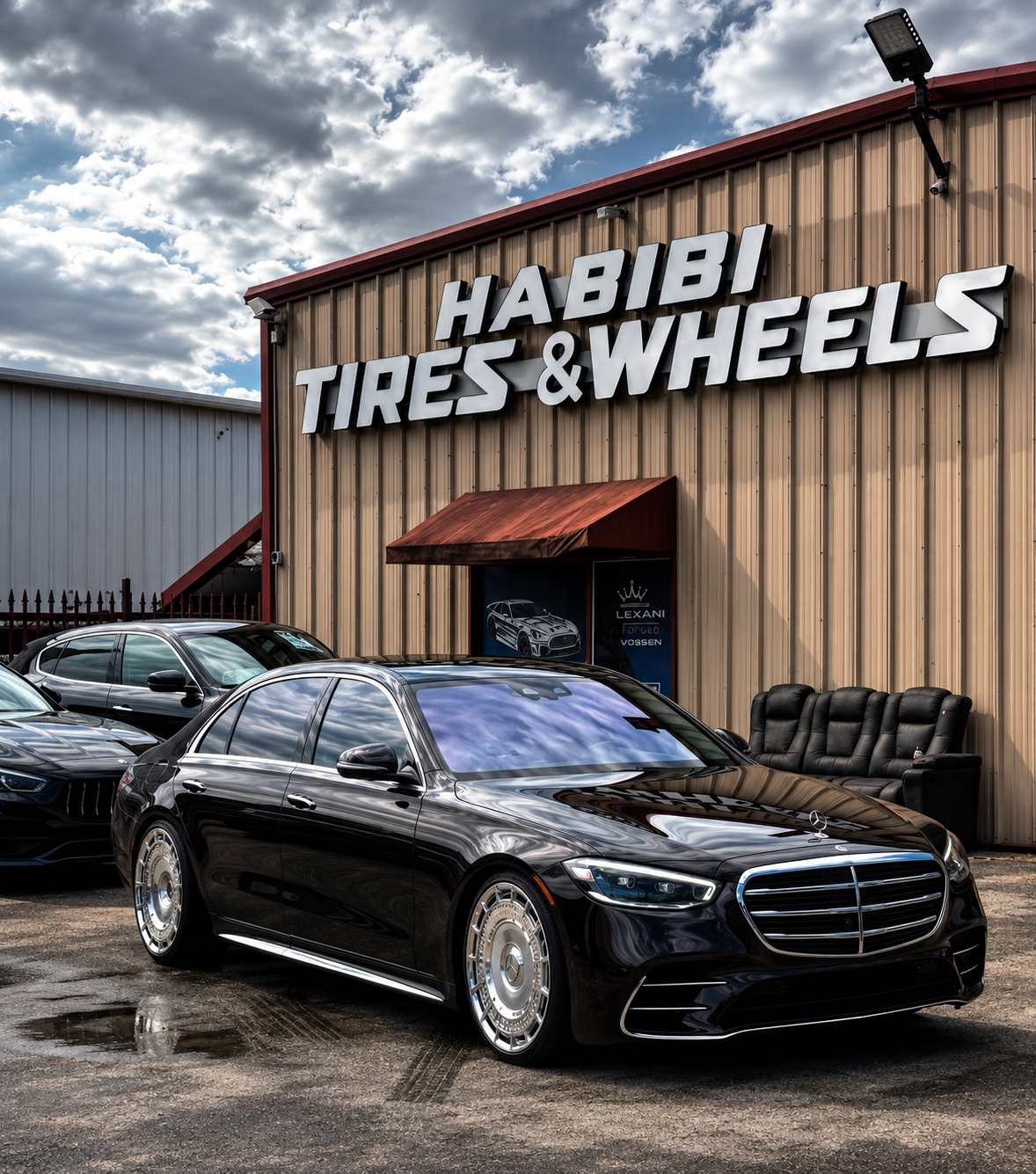 Mercedes luxury sedan parked outside Habibi Tires & Wheels