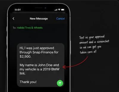 Text message example showing financing approval details sent to Habibi Tires & Wheels