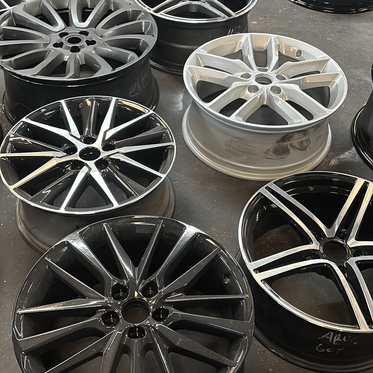 Close-up of alloy wheels in showroom